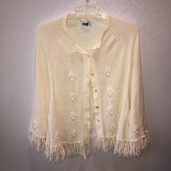 Vintage English Village Ivory Wide Bell Sleeve Fringe Button Up Cape Sweater - Picture 3 of 8